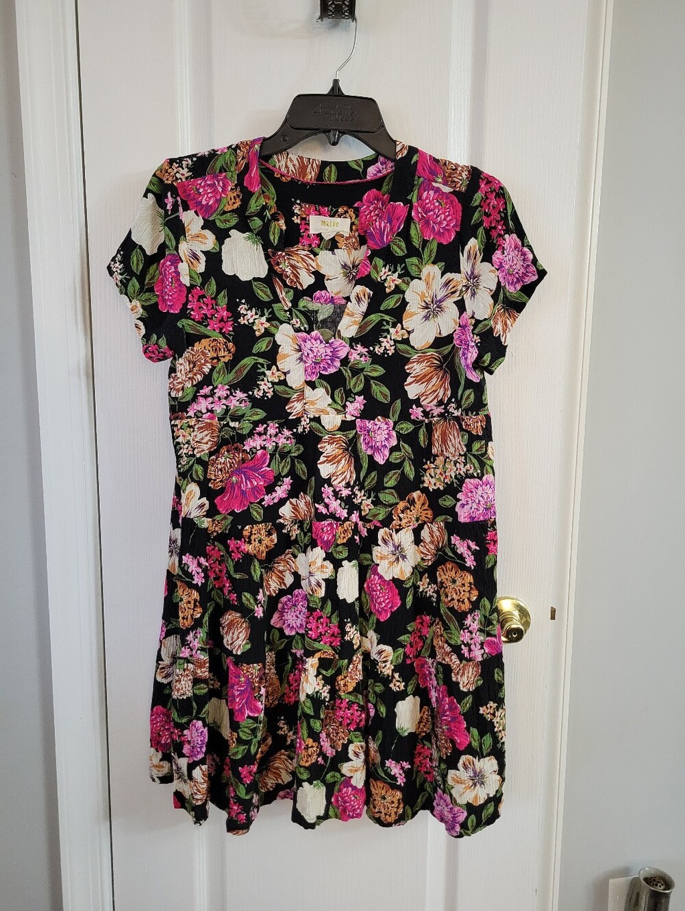 Maeve Anthropologie Harper Floral Tiered Mini Dress Black Pink Small Petite